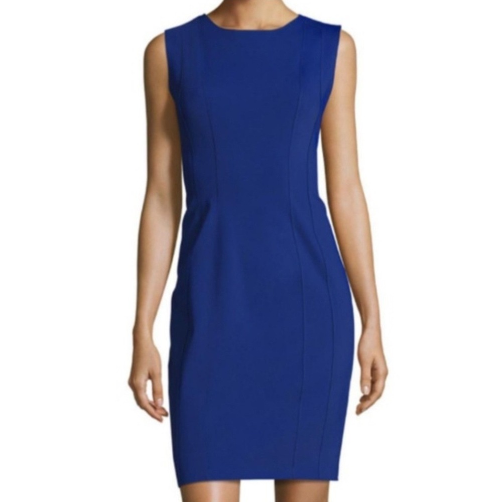 Tahari Royal Purple Sleeveless Lined Pleated Neck Sheath Dress Size 10 EUC